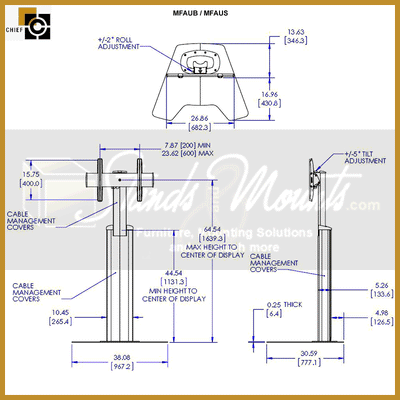 Chief FUSION Medium Manual Height Adjust Floor Stand MFAUS, mobile display stand technical dimensions diagram