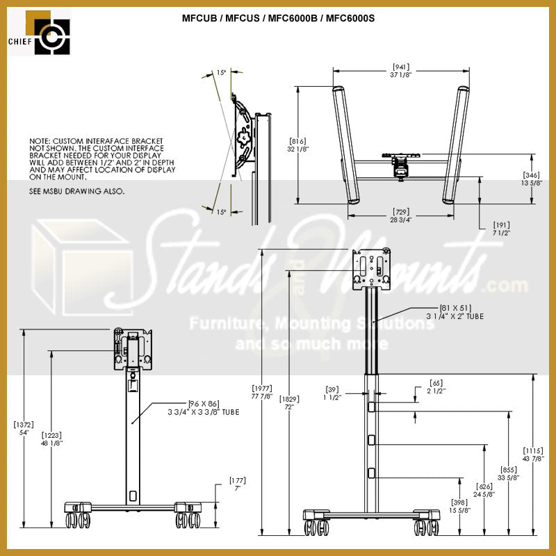 Chief Medium Flat Panel Floor Cart MFCUS, mobile display cart dimensions diagram