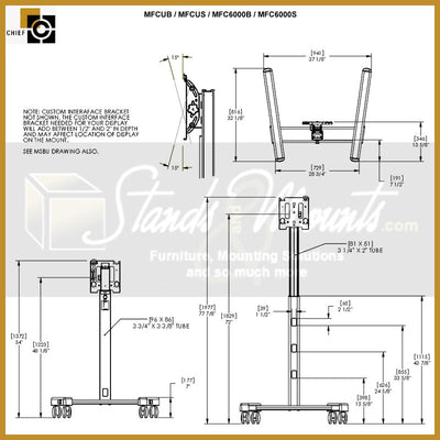 Chief Medium Flat Panel Floor Cart MFCUS, mobile display cart dimensions diagram