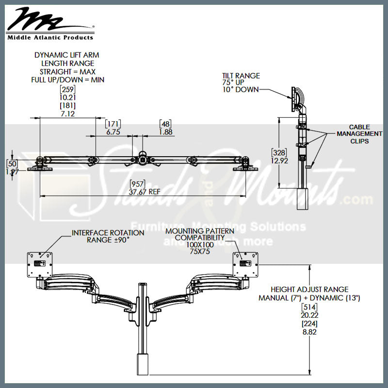 Middle Atlantic Dual Monitor Mount MM3-C-220-BK, dual-monitor arm technical dimensions