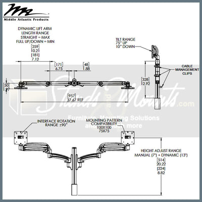 Middle Atlantic Dual Monitor Mount MM3-C-220-BK, dual-monitor arm technical dimensions