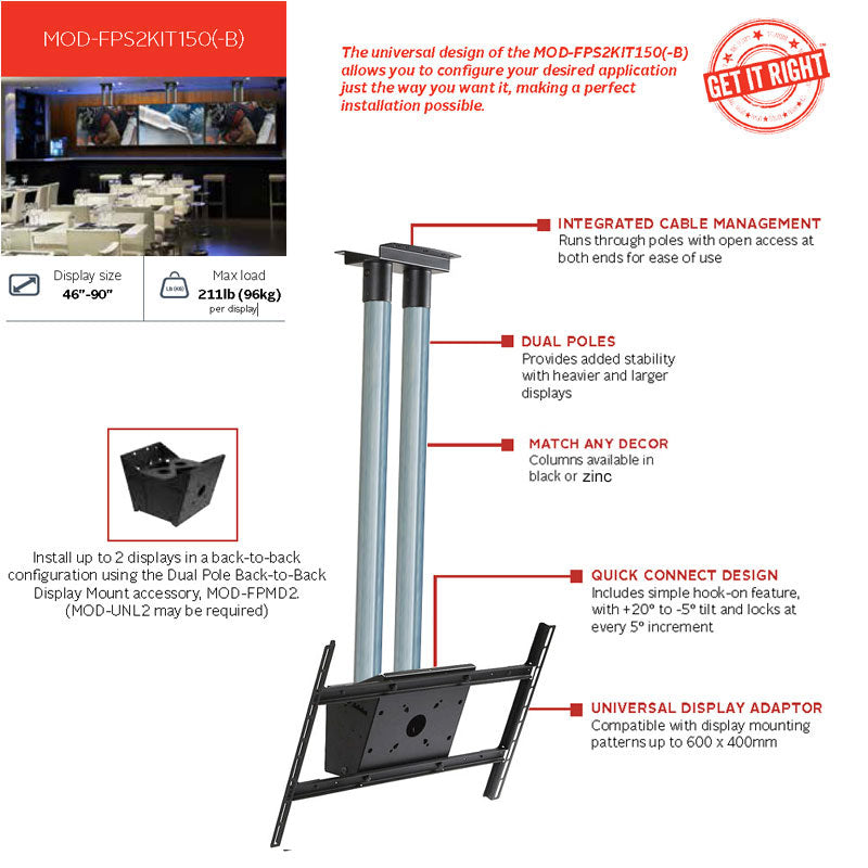 Peerless-AV Mod Series Dual Pole Ceiling TV Mount Kit MOD-FPS2KIT150-B, dual-display ceiling mount feature diagram
