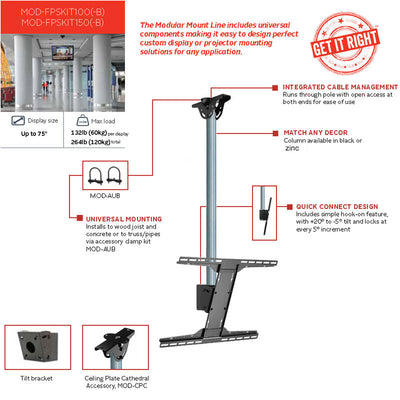 Peerless-AV Modular Series 1.5M Ceiling TV Mount Kit MOD-FPSKIT150-B, modular ceiling mount kit features diagram
