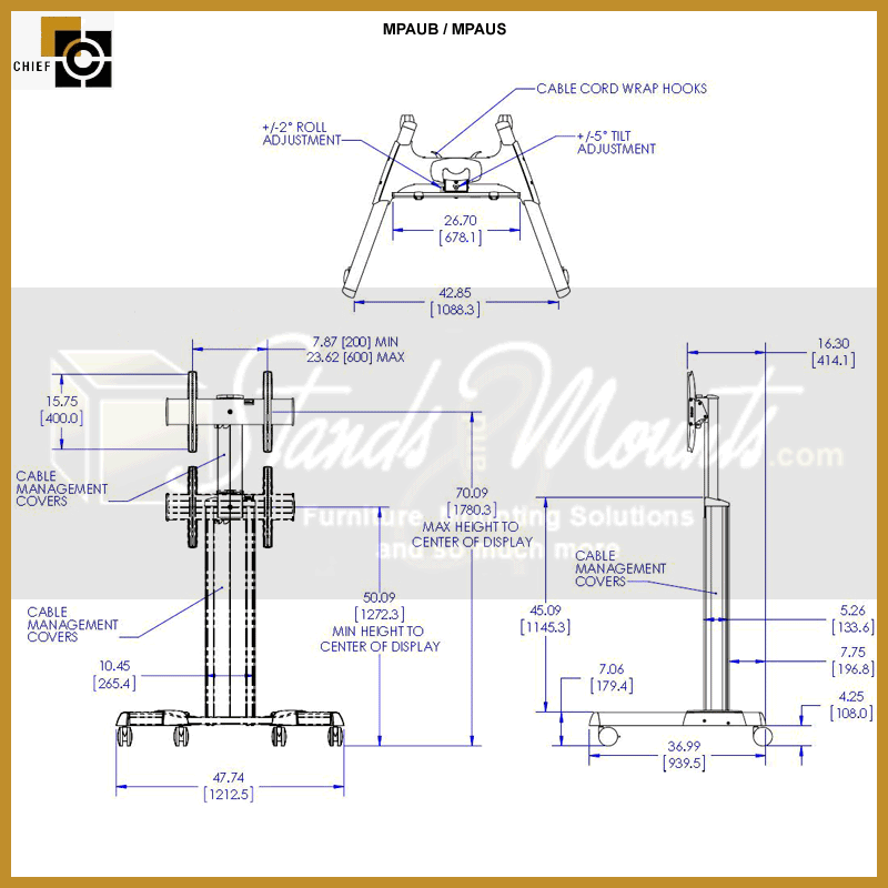 Chief FUSION Medium Manual Height Adjustable Floor Cart MPAUB, mobile display cart dimensions and cable management diagram