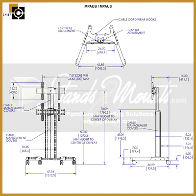 Chief FUSION Medium Manual Height Adjustable Floor Cart MPAUB, mobile display cart dimensions and cable management diagram