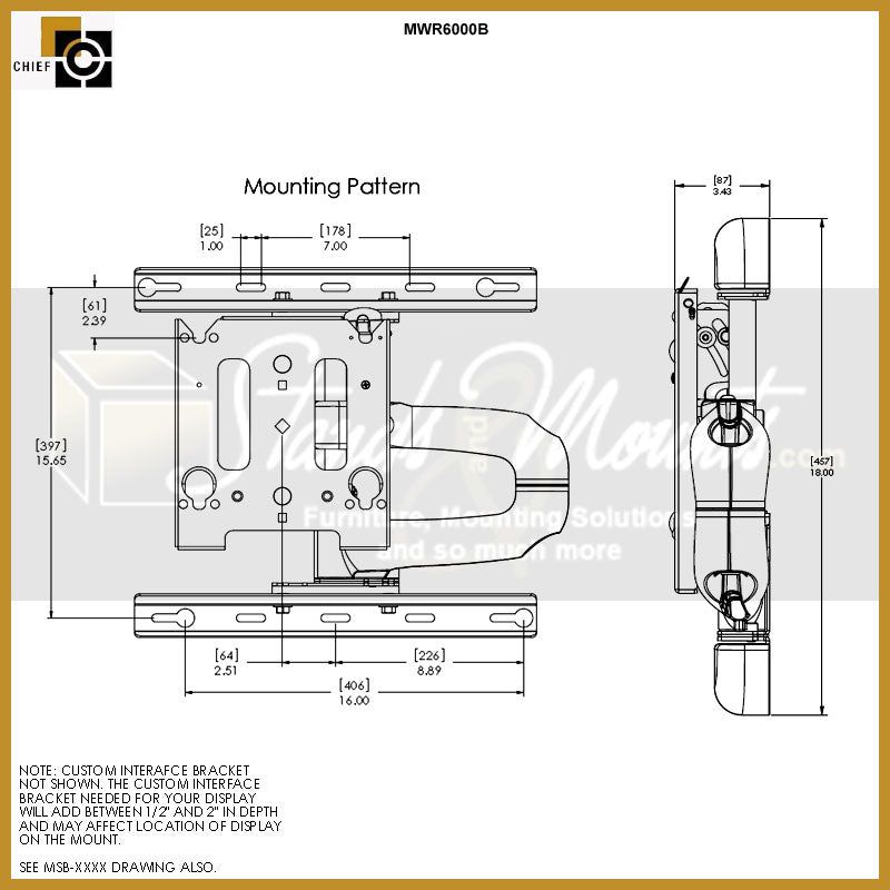 Chief Medium Swing Arm TV Wall Mount MWRVB, articulating wall mount dimensions diagram