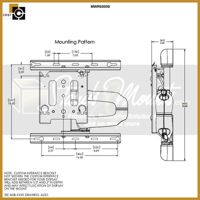 Chief Medium Swing Arm TV Wall Mount MWRVB, articulating wall mount dimensions diagram
