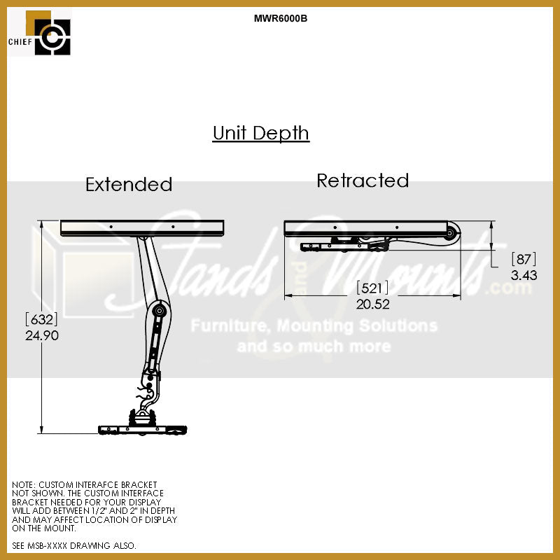 Chief Medium Swing Arm TV Wall Mount MWRVB, articulating wall mount extended and retracted depth diagram