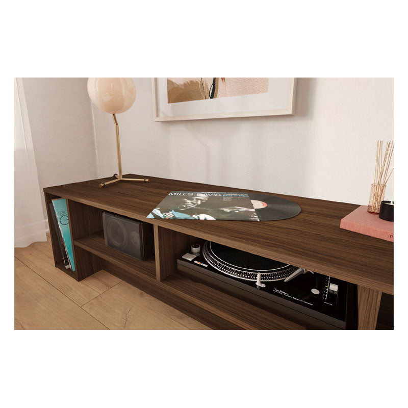 Nexera Rustik TV Stand 110031, walnut media console turntable and audio storage detail