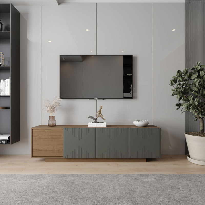 Nexera Riva TV Stand 125050, gray and wood media console installed below TV