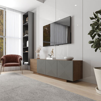 Nexera Riva TV Stand 125050, gray and wood media console, left room perspective