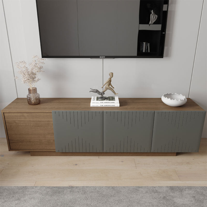Nexera Riva TV Stand 125050, gray and wood media console, front view with closed doors