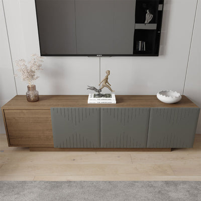Nexera Riva TV Stand 125050, gray and wood media console, front view with closed doors