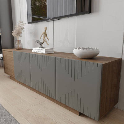 Nexera Riva TV Stand 125050, gray and wood media console, right perspective with closed doors