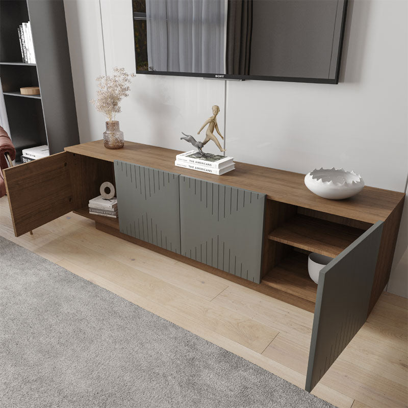 Nexera Riva TV Stand 125050, gray and wood media console with side compartments open