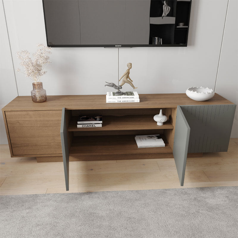 Nexera Riva TV Stand 125050, gray and wood media console with center compartments open