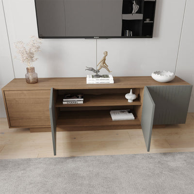 Nexera Riva TV Stand 125050, gray and wood media console with center compartments open