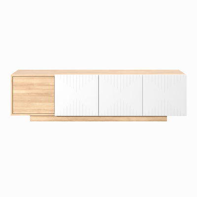 Nexera Riva TV Stand 125086, wood and white media console in a straight-on front view