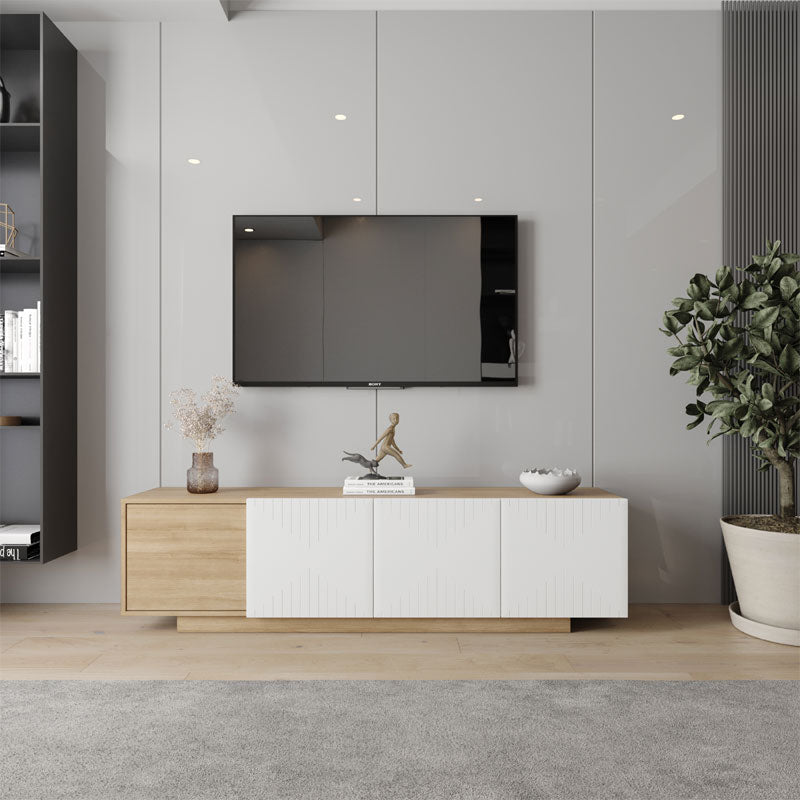 Nexera Riva TV Stand 125086, wood and white media console staged beneath a wall-mounted TV
