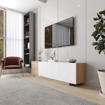 Nexera Riva TV Stand 125086, wood and white media console staged in a side room view