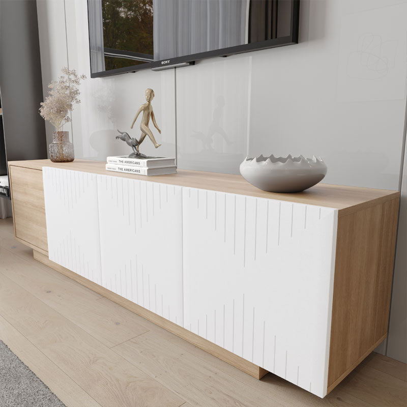 Nexera Riva TV Stand 125086, wood and white media console in a close front three-quarter view