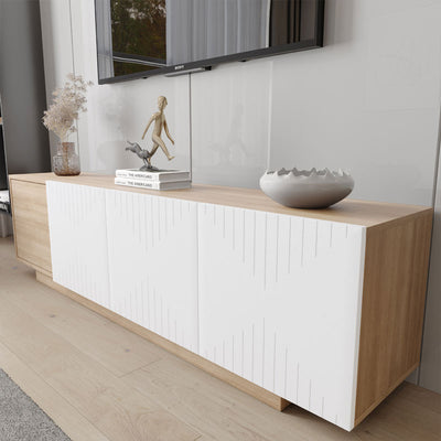 Nexera Riva TV Stand 125086, wood and white media console in a close front three-quarter view