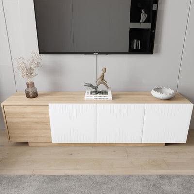 Nexera Riva TV Stand 125086, wood and white media console in a staged front view