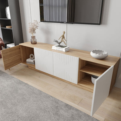 Nexera Riva TV Stand 125086, wood and white media console with side cabinets open