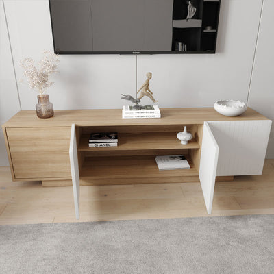 Nexera Riva TV Stand 125086, wood and white media console with center cabinets open