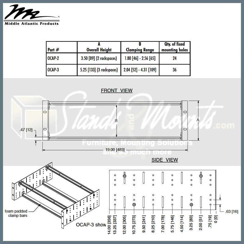 Middle Atlantic Open Clamp Shelf OCAP-3, rack-mount clamping drawer dimensions diagram