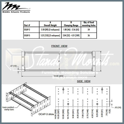 Middle Atlantic Open Clamp Shelf OCAP-3, rack-mount clamping drawer dimensions diagram