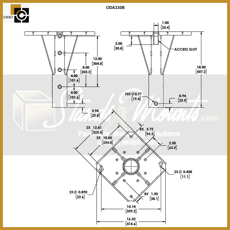 Chief Large Outdoor TV Ceiling or Pedestal Mount Bundle OD45, overhead display adapter dimensions diagram