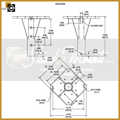 Chief Large Outdoor TV Ceiling or Pedestal Mount Bundle OD45, overhead display adapter dimensions diagram