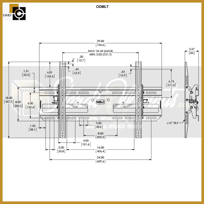 Chief Large Tilting Outdoor Wall Mount ODMLT, wall mount dimensions diagram