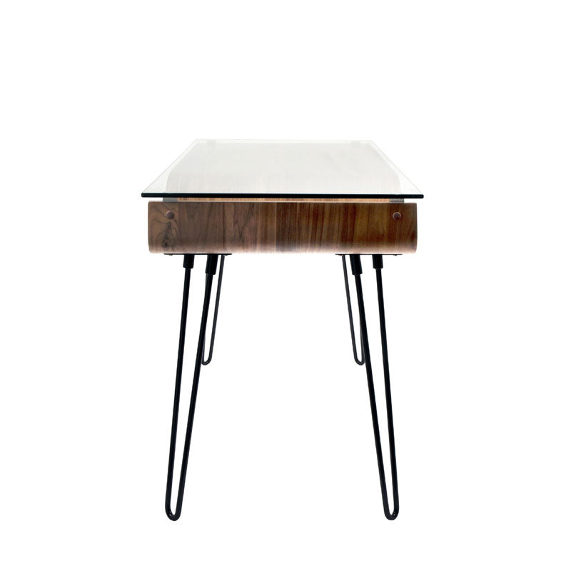 LumiSource Avery Desk with Glass Top OFD-AVERY WL, walnut glass-top desk end view