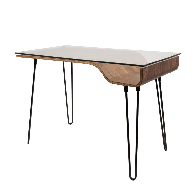 LumiSource Avery Desk with Glass Top OFD-AVERY WL, walnut glass-top desk front three-quarter view