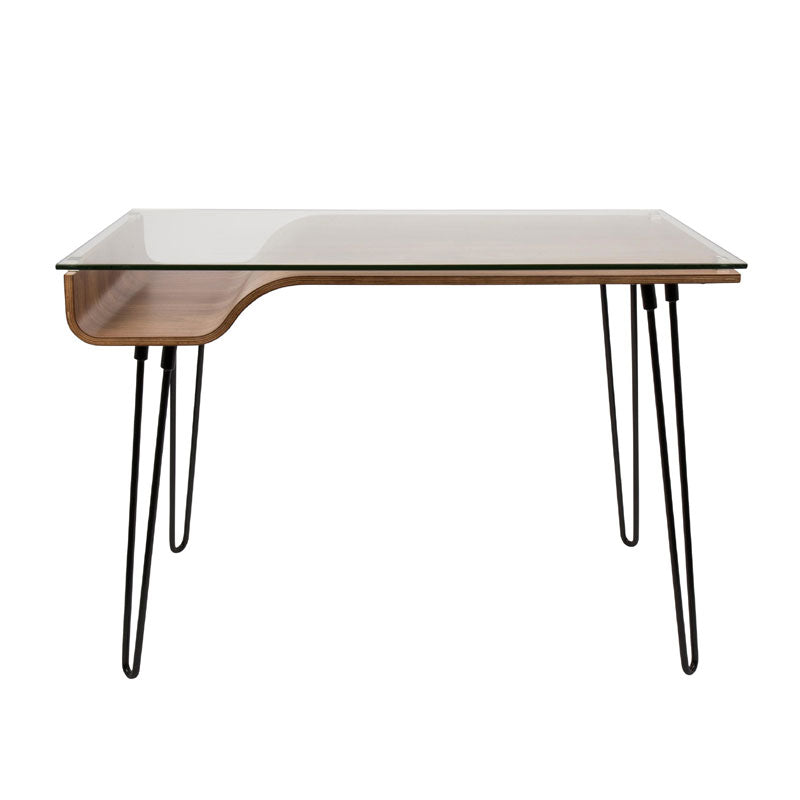 LumiSource Avery Desk with Glass Top OFD-AVERY WL, walnut glass-top desk front view