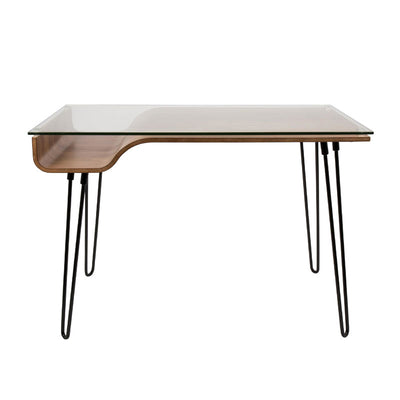 LumiSource Avery Desk with Glass Top OFD-AVERY WL, walnut glass-top desk front view