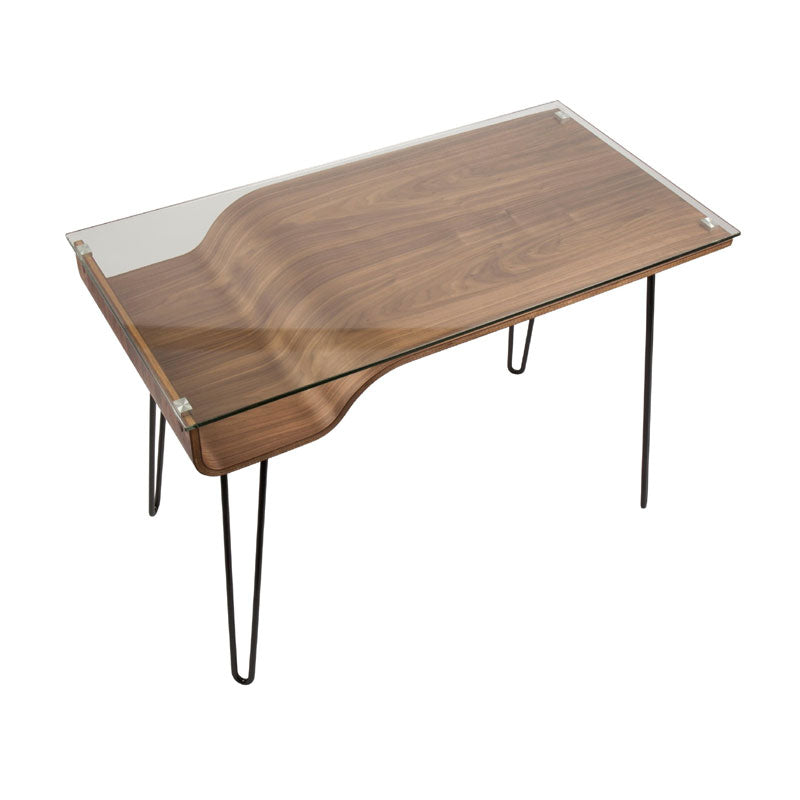 LumiSource Avery Desk with Glass Top OFD-AVERY WL, walnut glass-top desk top three-quarter view