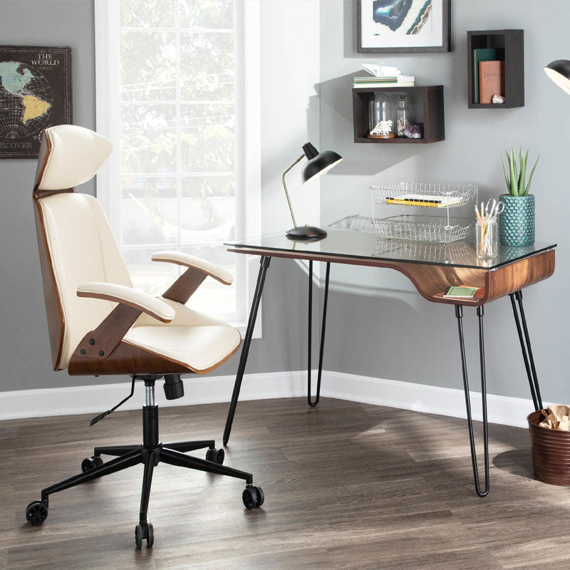 LumiSource Avery Desk with Glass Top OFD-AVERY WL, walnut glass-top desk installed home office view