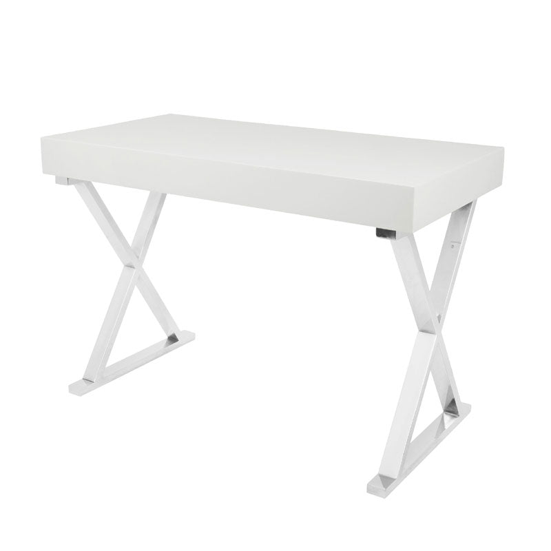 LumiSource Luster Desk with Storage Drawer OFD-TM-LSTR W, white writing desk angled view