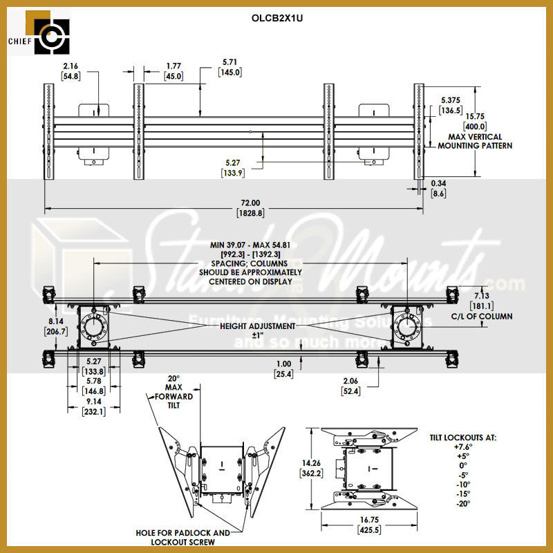 Chief Outdoor Back-to-Back 2x1 Ceiling and Pedestal Mount OLCB2X1U, dual-display ceiling mount technical dimensions diagram