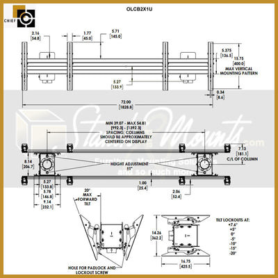 Chief Outdoor Back-to-Back 2x1 Ceiling and Pedestal Mount OLCB2X1U, dual-display ceiling mount technical dimensions diagram