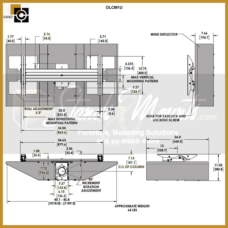Chief Large Outdoor TV Ceiling or Pedestal Mount Bundle OD45, wall mount wind deflector dimensions diagram