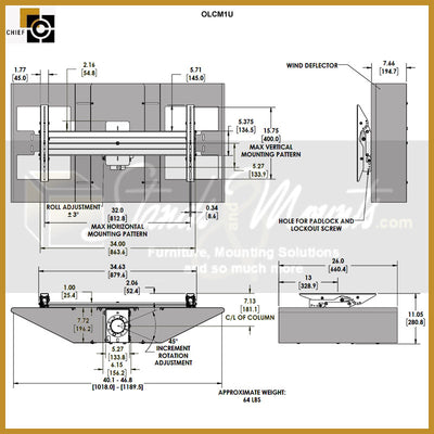 Chief Large Outdoor TV Ceiling or Pedestal Mount Bundle OD45, wall mount wind deflector dimensions diagram