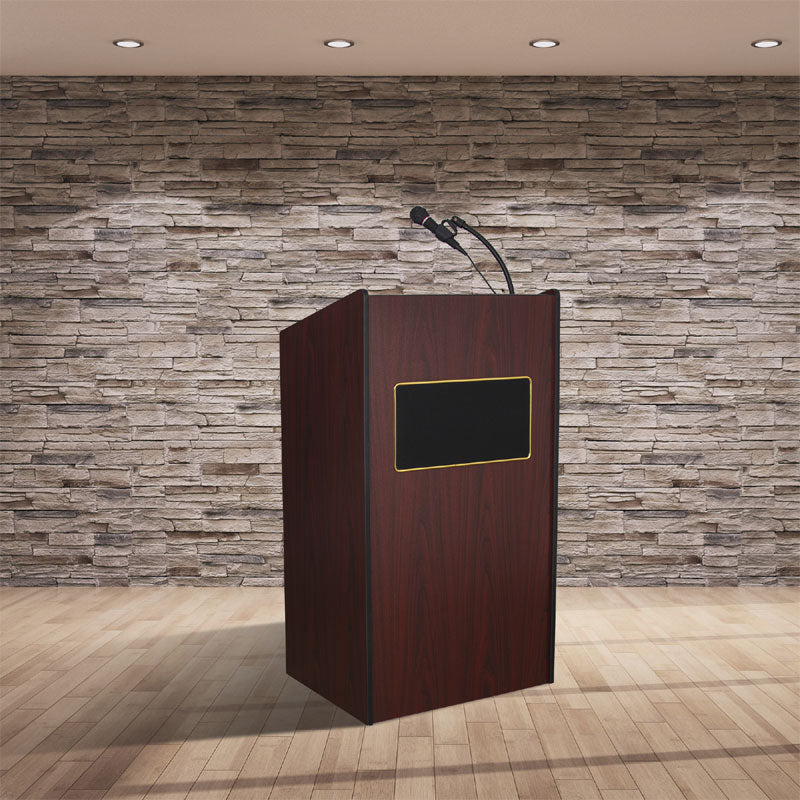 Oklahoma Sound Aristocrat Sound Lectern M6010-MY/LWM-7, wood presentation lectern staged against a stone wall