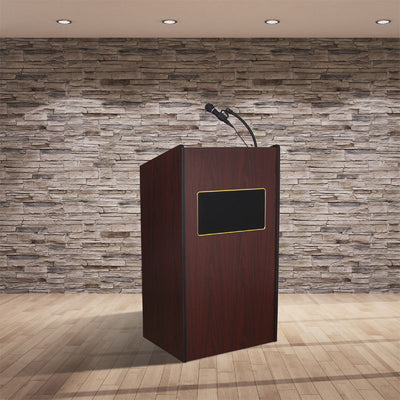 Oklahoma Sound Aristocrat Sound Lectern M6010-MY/LWM-7, wood presentation lectern staged against a stone wall