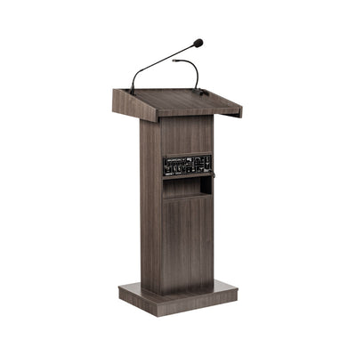 Oklahoma Sound Orator Lectern 800X-RW/LWM-6, multimedia lectern front three-quarter view