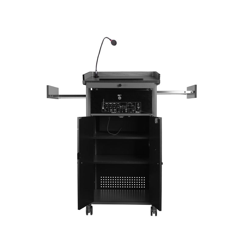 Oklahoma Sound Greystone Lectern MGSL-S/LWM-7, multimedia lectern rear view with side shelves open
