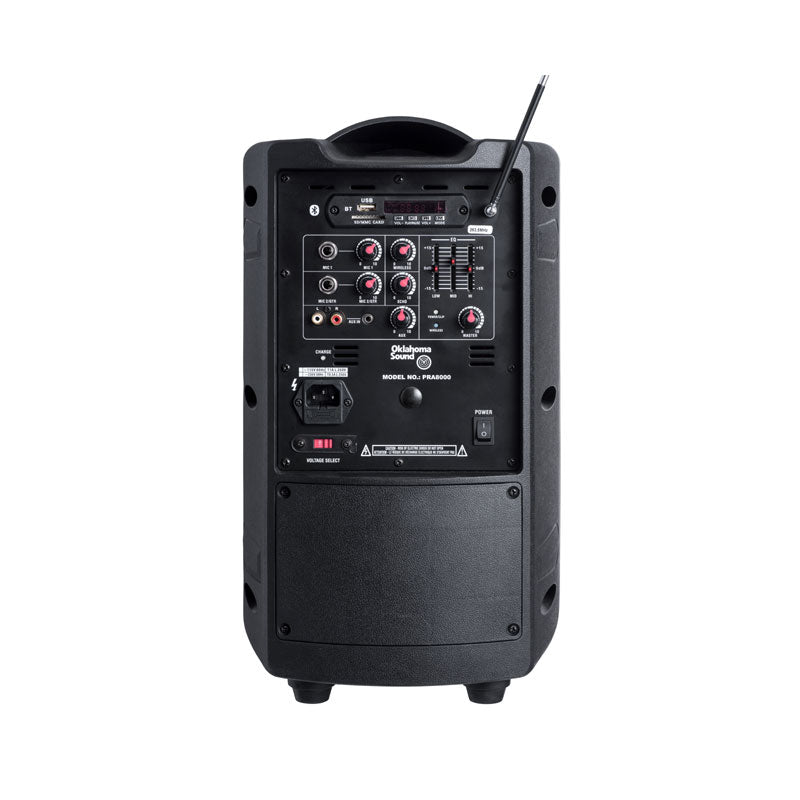 Oklahoma Sound 40 Watt Wireless PA System PRA-8000/PRA8-7, portable PA speaker rear control panel